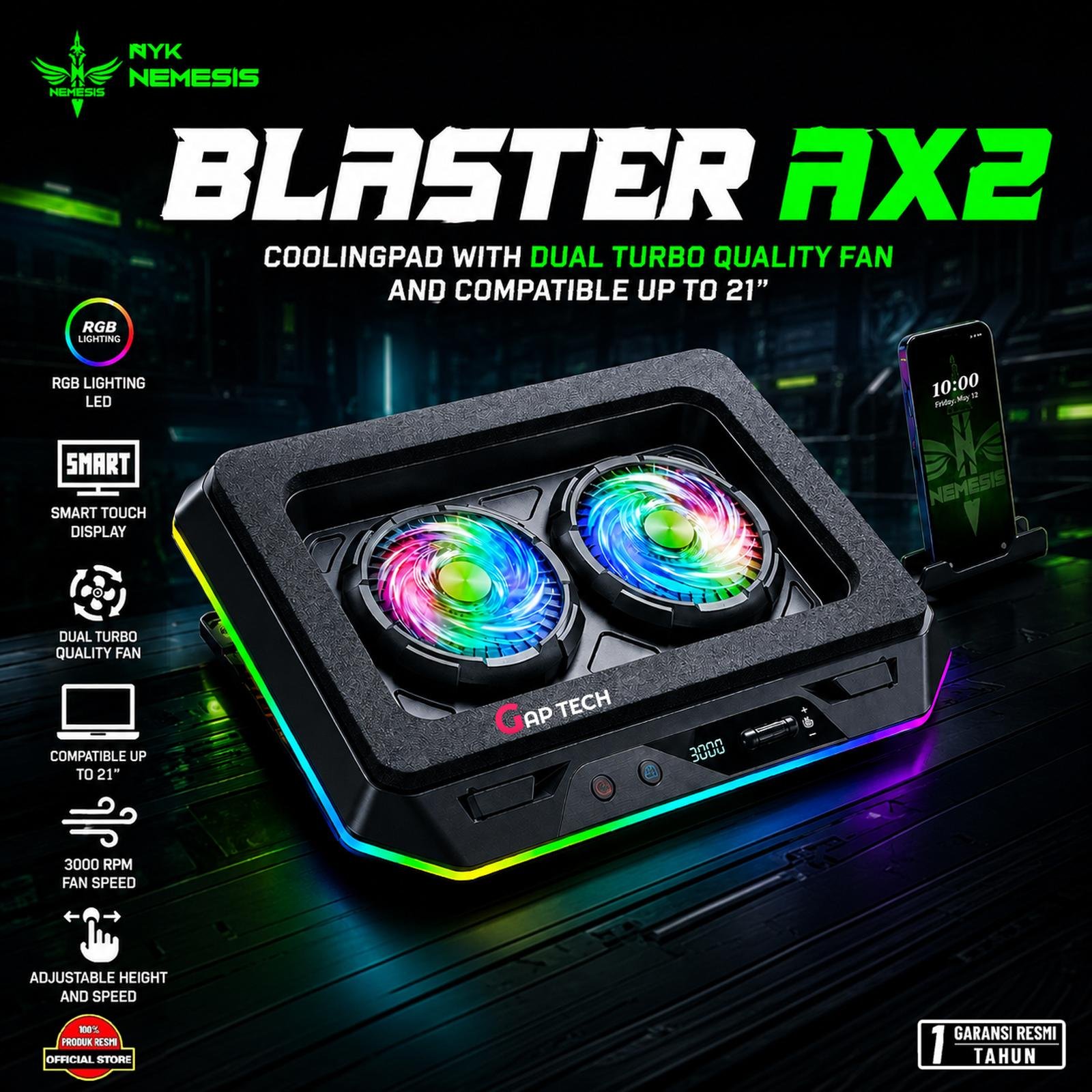 NYK Nemesis BLASTER AX2 Coolingpad with Dual Turbo 3000RPM RGB Quality Fan and Compatible Up to 21" / Coolingpad / Cooling Fan Original