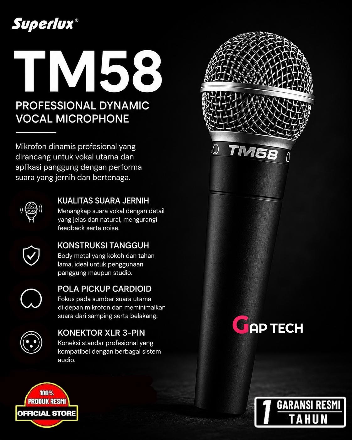 Superlux TM58 Dynamic Vocal Microphone (Tanpa Switch) Original