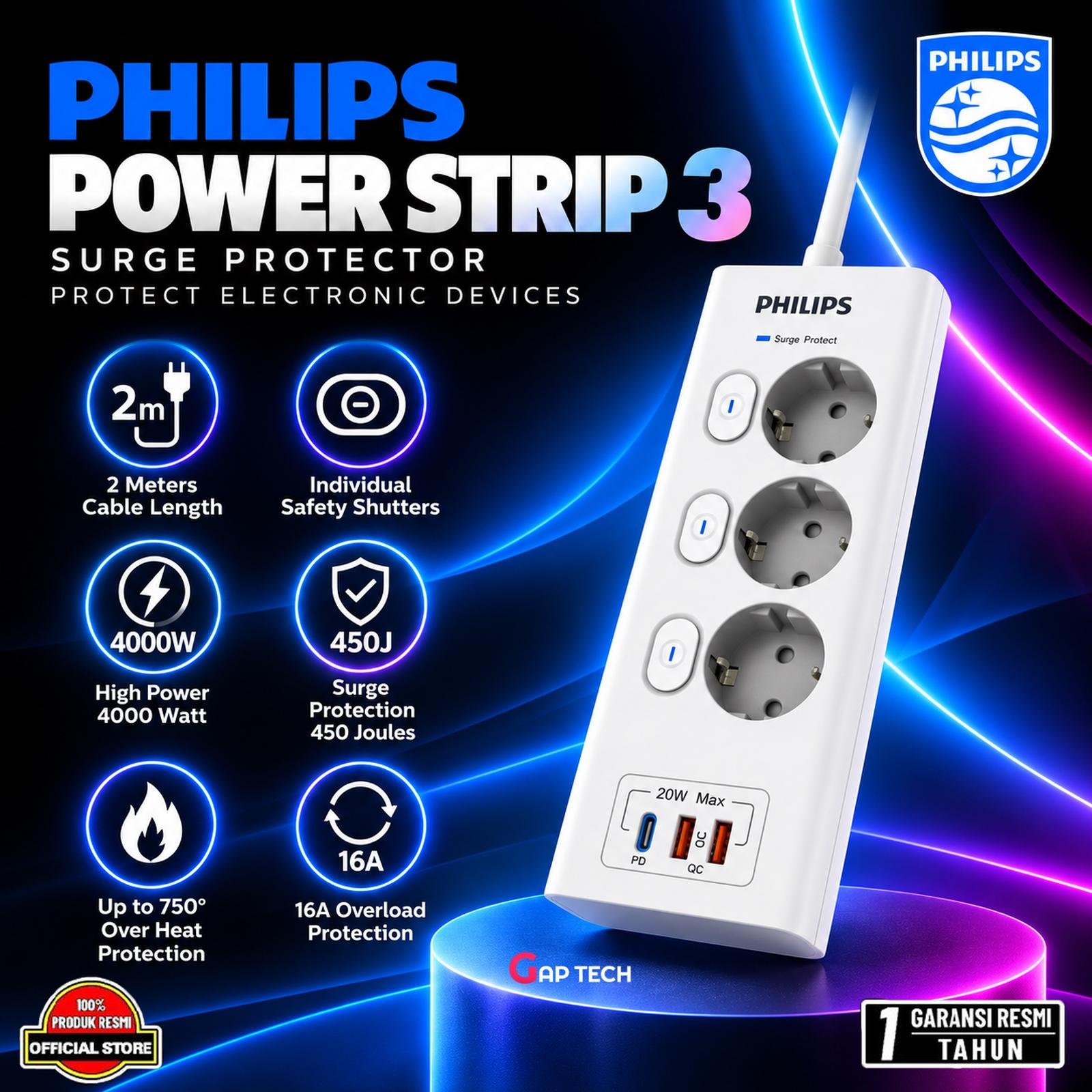Philips Power Strip 3 Socket + USB PD 20W CHP6732WA – Surge Protection 450J, 4000W, Fast Charging