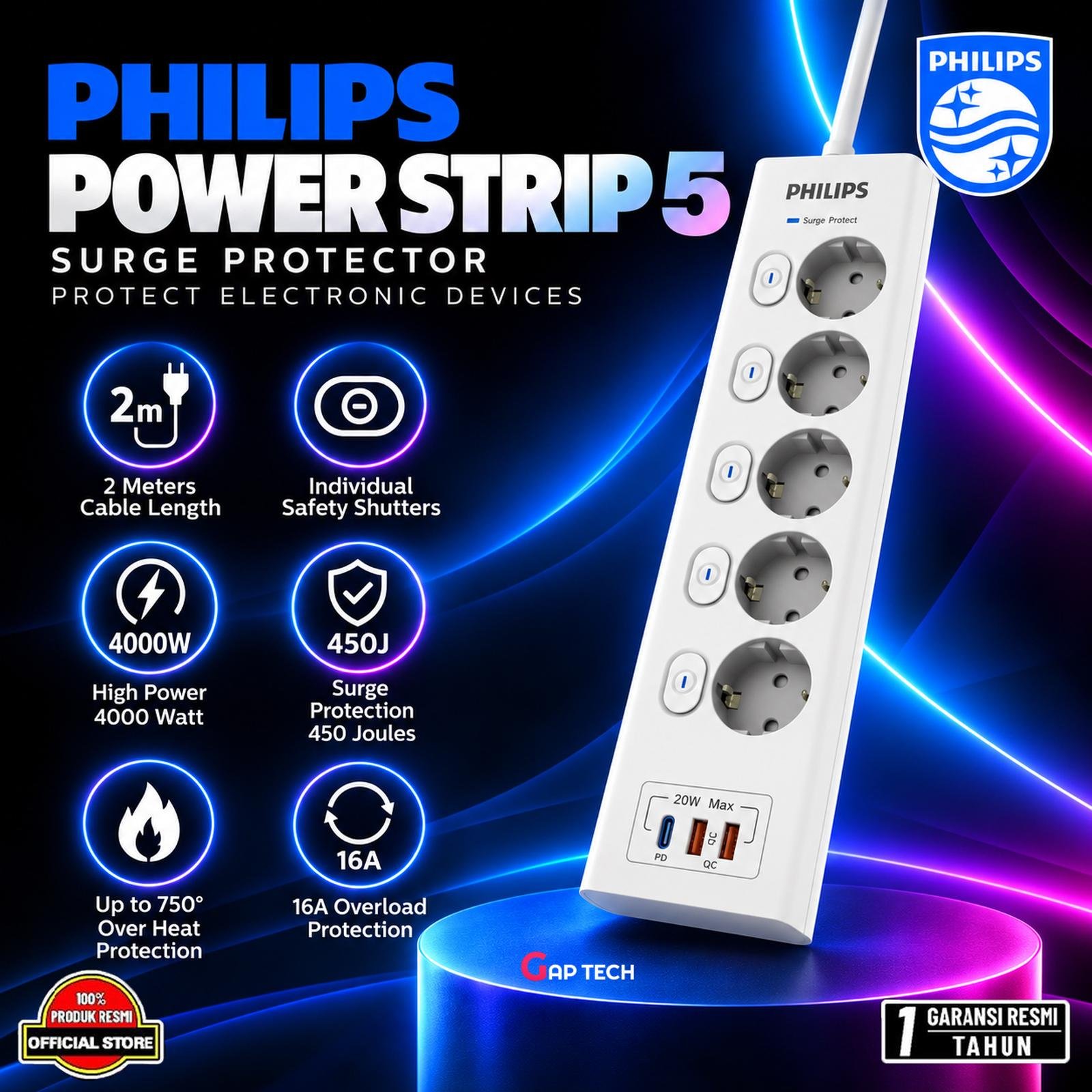 Philips Power Strip 5 Socket + USB PD 20W CHP6752WA – Surge Protection 450J, 4000W, Fast Charging