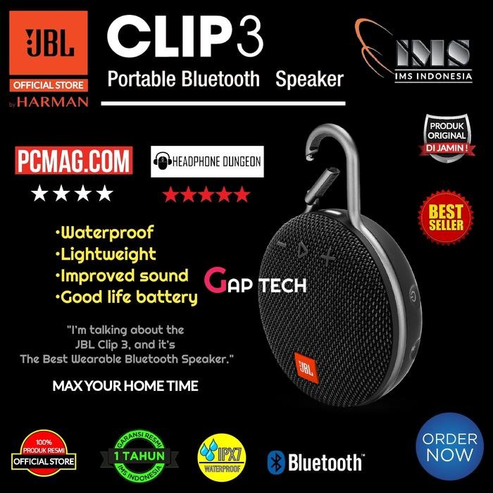 JBL Clip 3 / Clip3 Portable Waterproof Wireless Bluetooth Speaker Original - Midnight Black