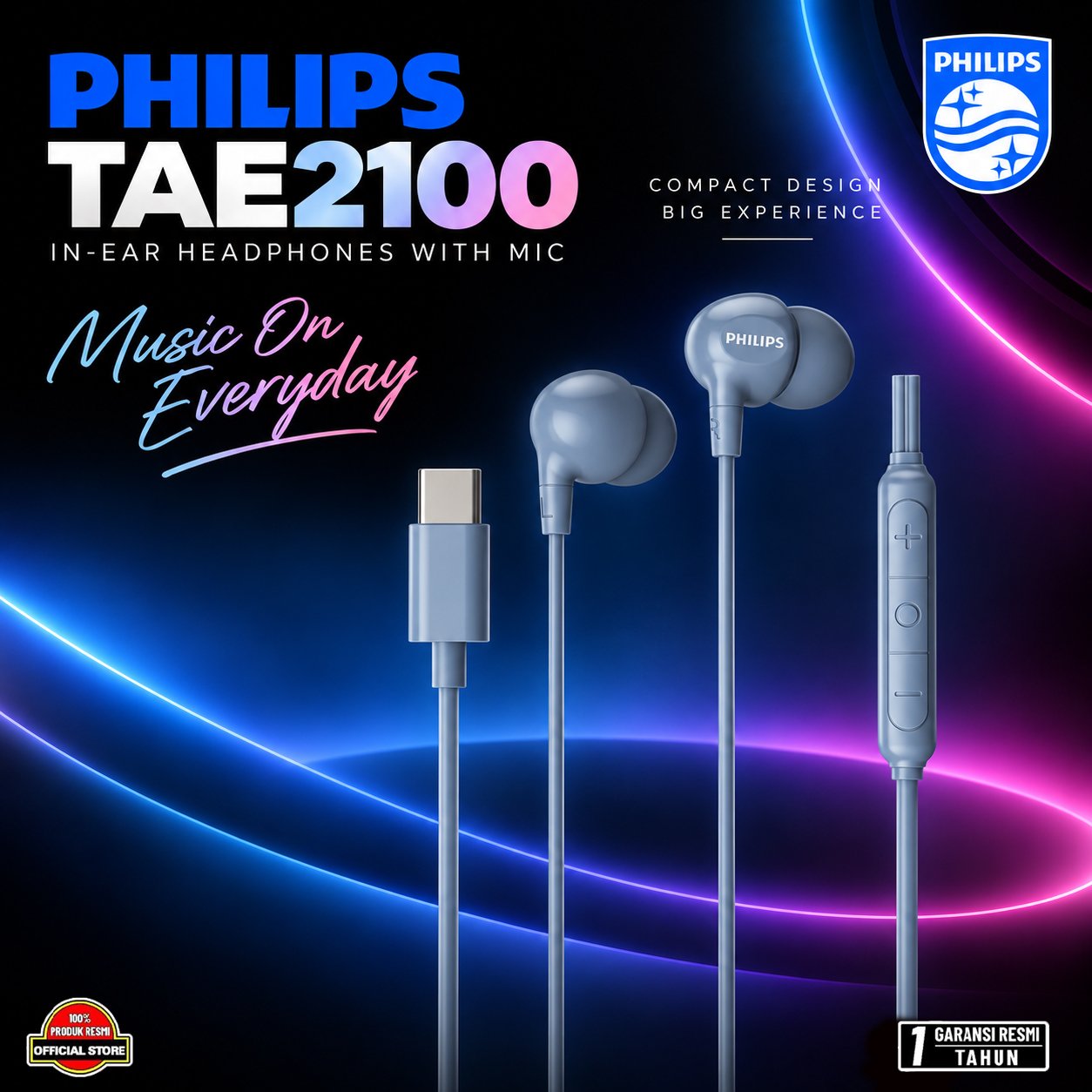 Philips TAE2100 TAE 2100 In-ear Wired Earphone USB-C With Mic Original - Light Blue