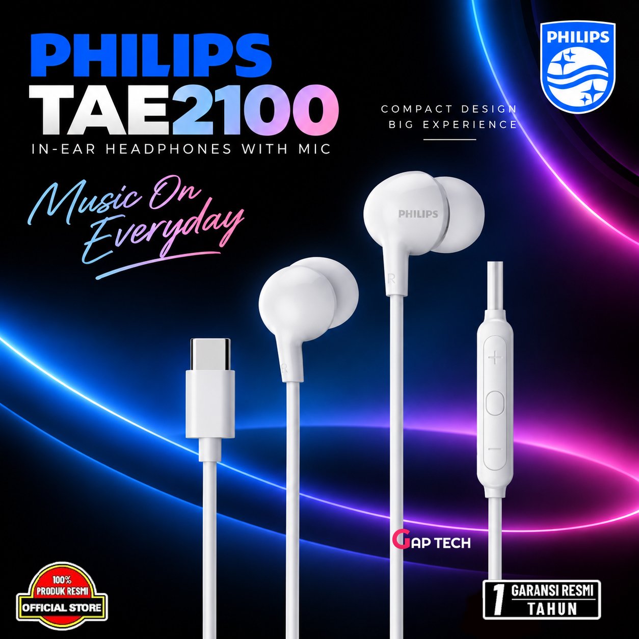 Philips TAE2100 TAE 2100 In-ear Wired Earphone USB-C With Mic Original - White