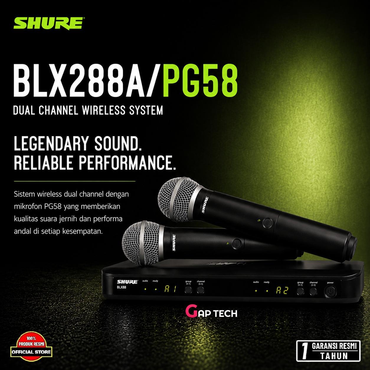 Shure BLX288A/PG58 Wireless With Dual Microphone Vocal System Wireless Original - H8E