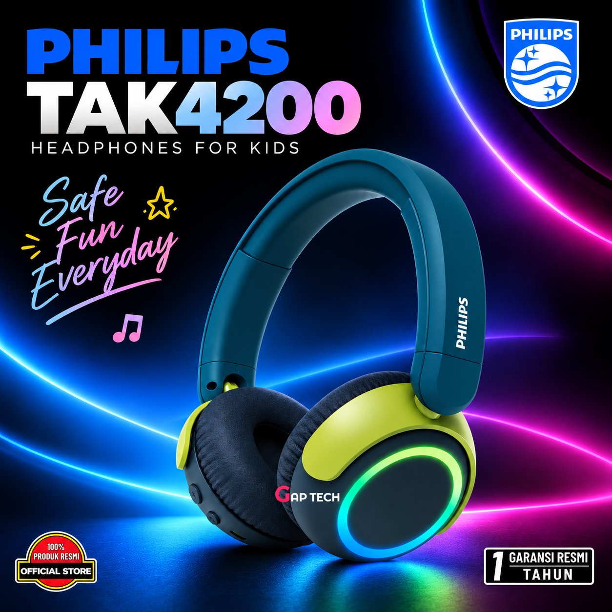 Philips TAK4200 / TAK 4200 On-ear Wireless Headphone For Kids Original - Chrystal Teal