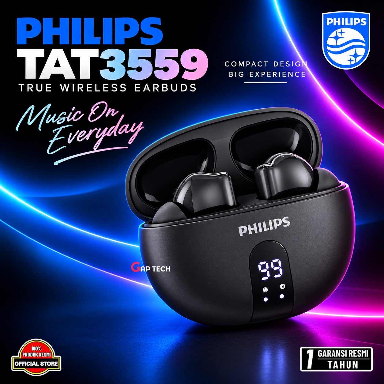 Philips TAT3559 Noise Canceling True Wireless with AI Clear Mic Original - Black