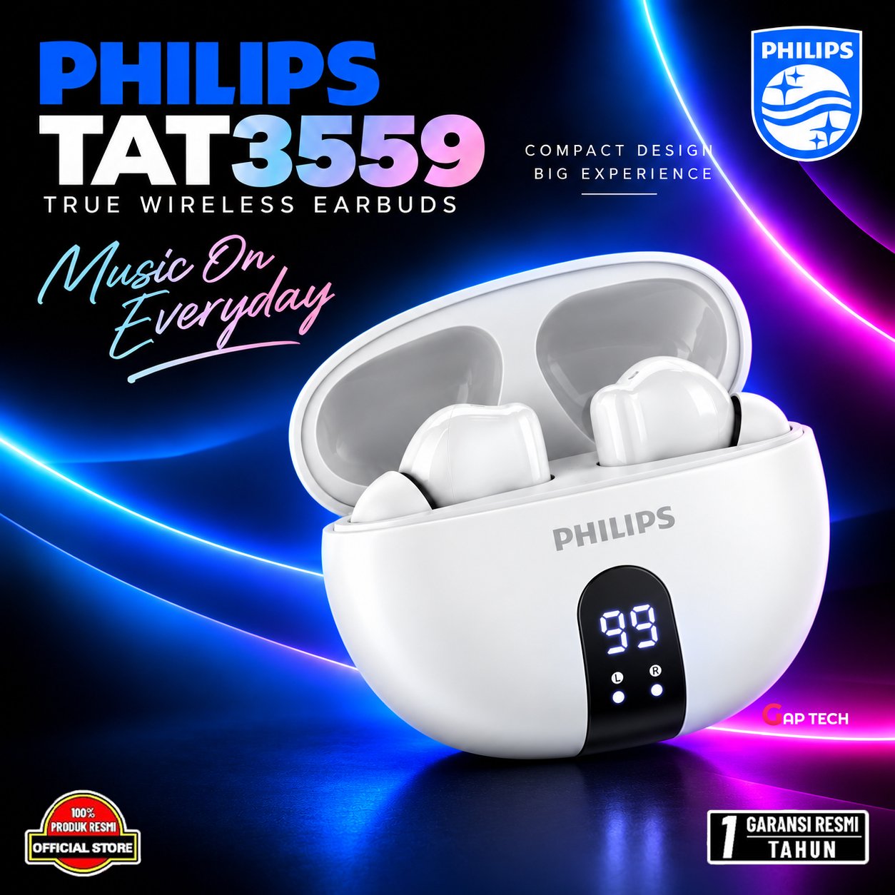 Philips TAT3559 Noise Canceling True Wireless with AI Clear Mic Original - White